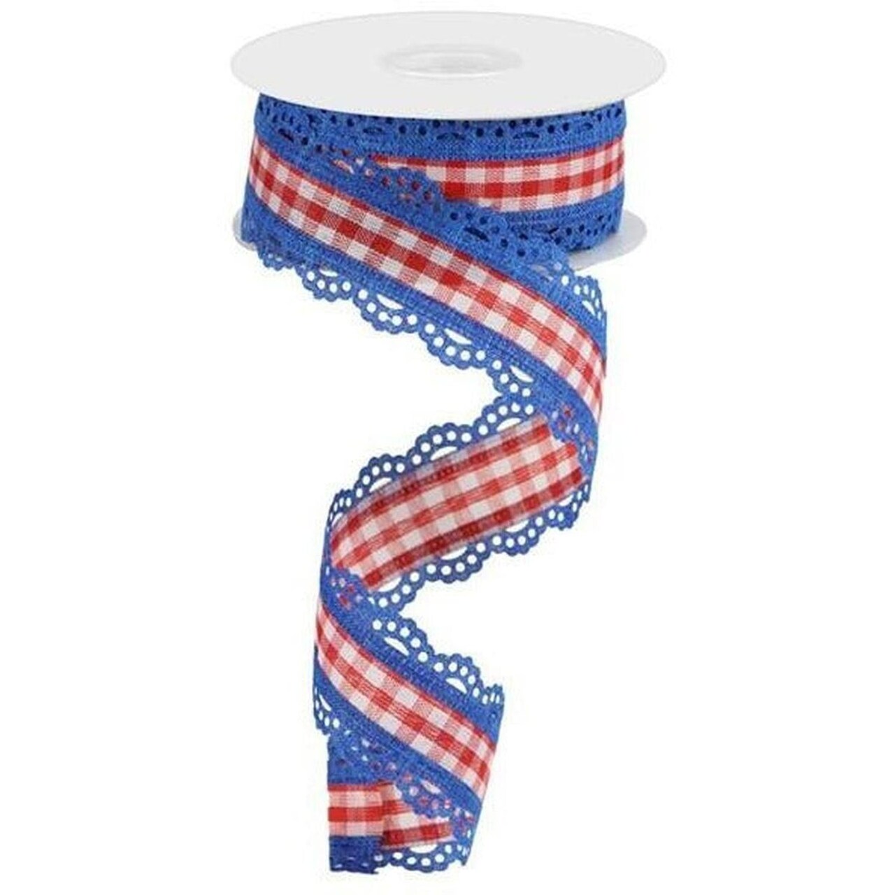 1.5" Scalloped Edge Gingham Ribbon: Red, White & Blue (10 Yard)